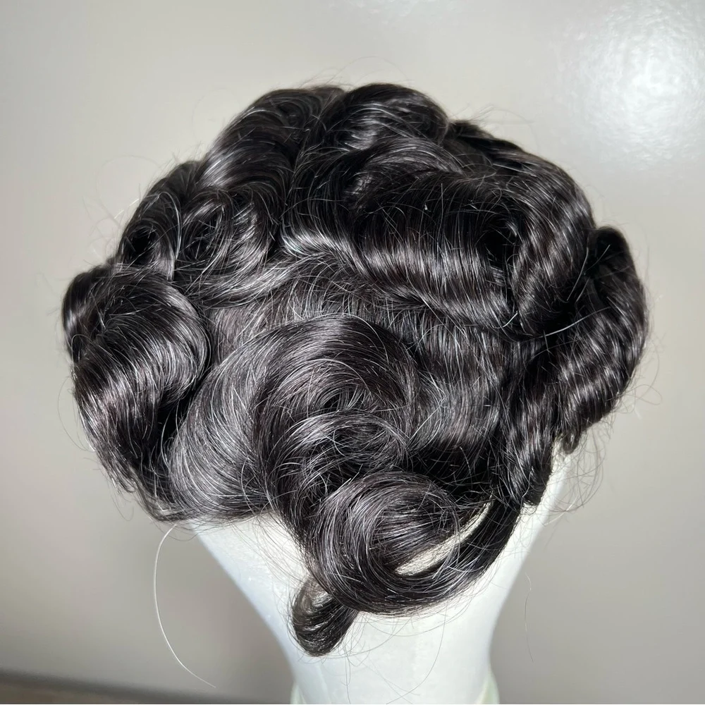 Dark Brown with Gray Human Hair Wavy 8x10 Inch Toupee Hair System